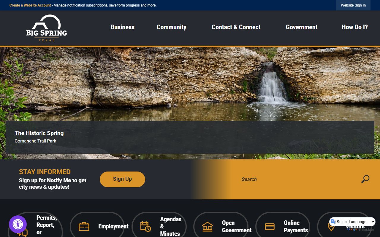 Big Spring official city website showing departments and public services for residents