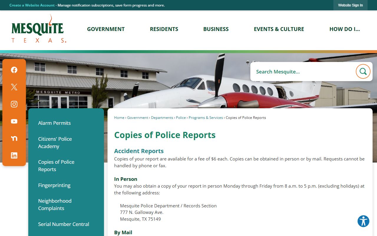 Mesquite Residents Directory - Police reports request page