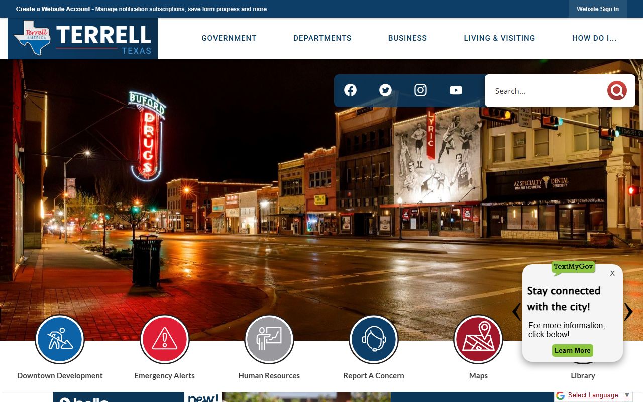 Terrell official city website showing public services and department information