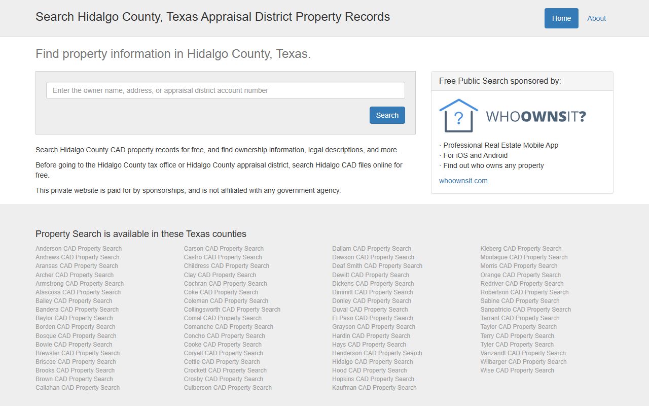 Hidalgo County Appraisal District website for residents directory property value searches