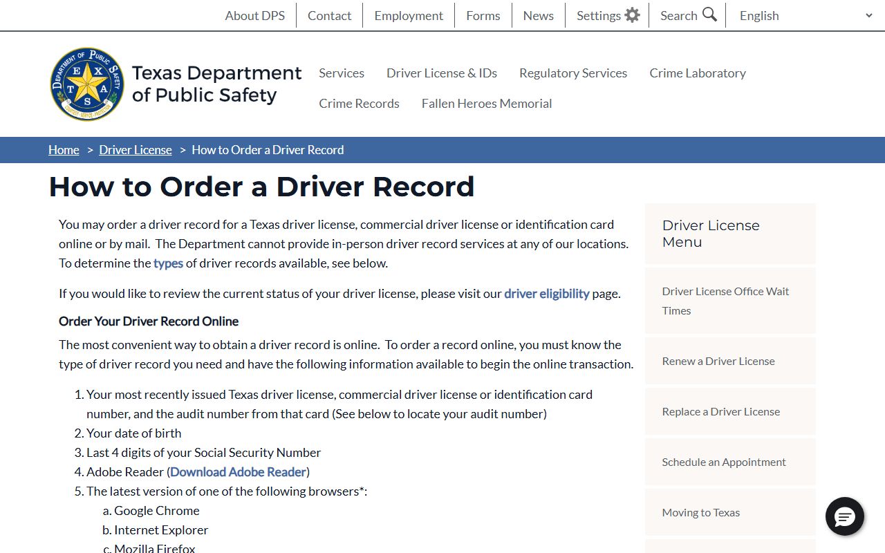 Texas Residents Directory - DPS Driver Record Request
